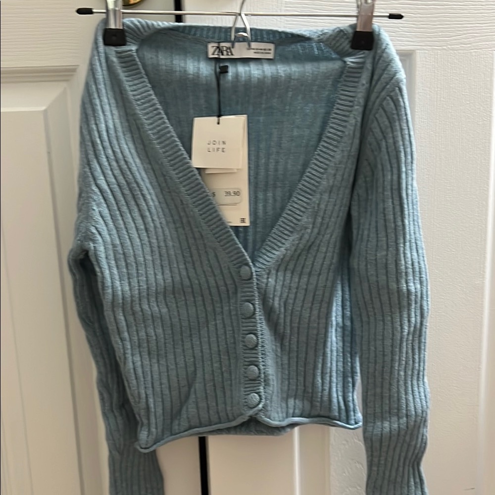 Zara Blue Ribbed Cardigan Sweater